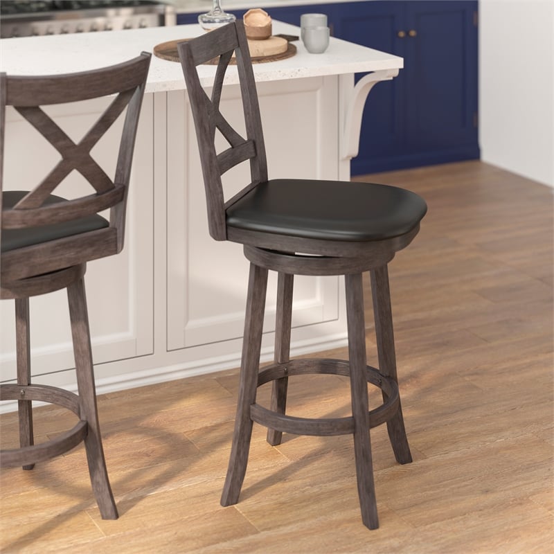 Commercial Wooden Swivel Bar Stools - Gray Wash Walnut/Black LeatherSoft