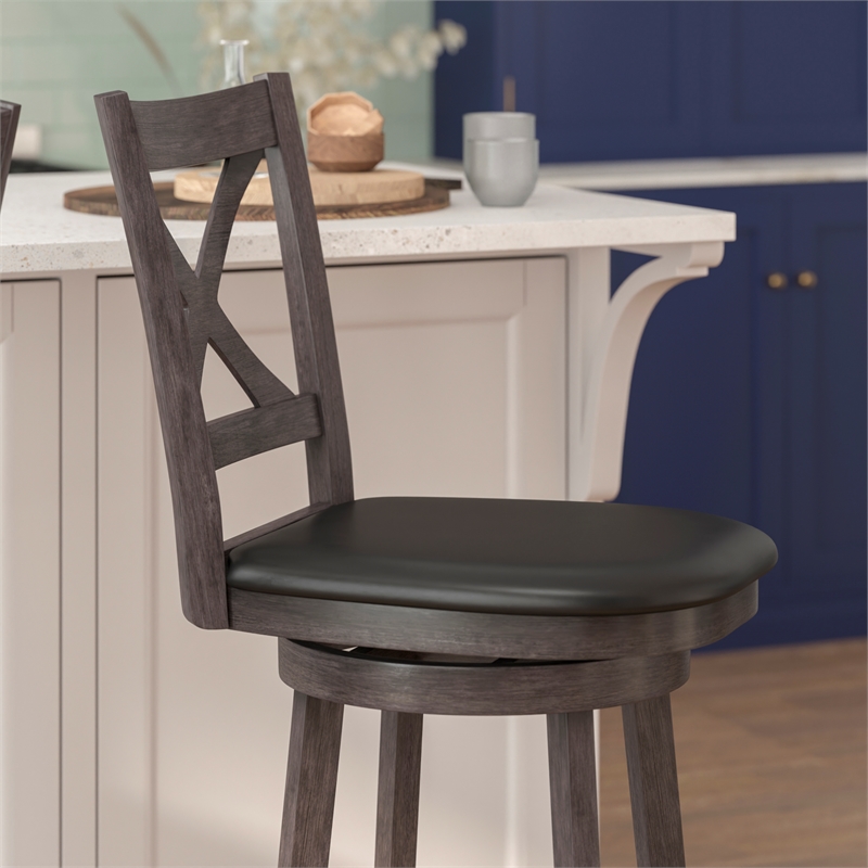 Commercial Wooden Swivel Bar Stools - Gray Wash Walnut/Black LeatherSoft