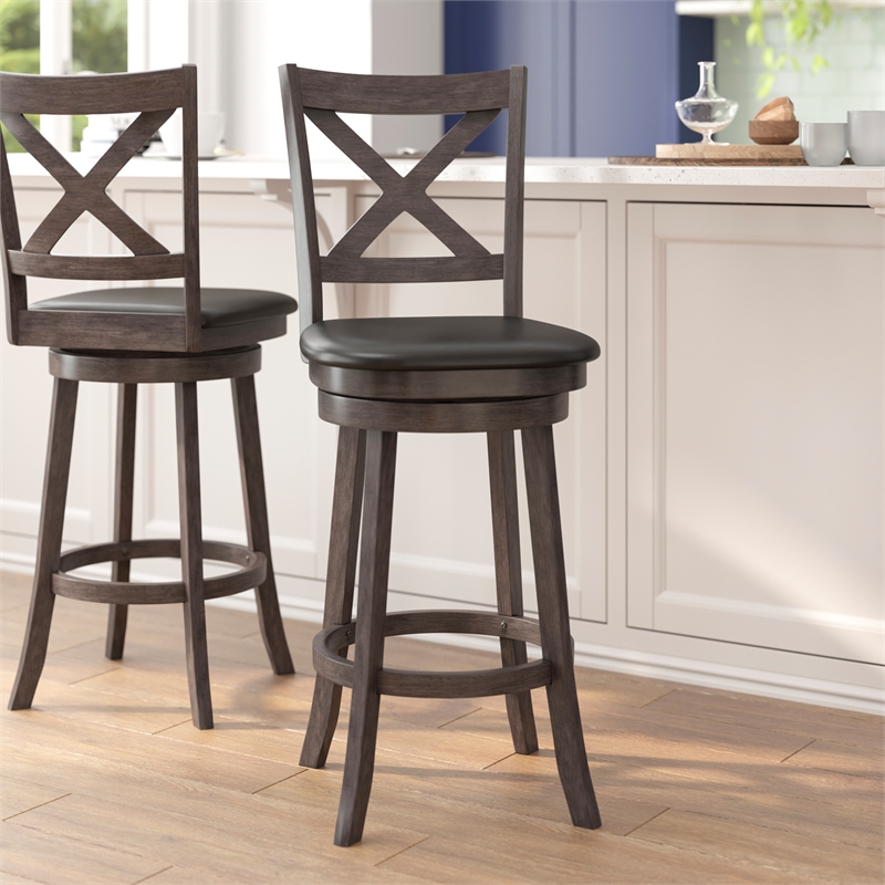 Commercial Wooden Swivel Bar Stools - Gray Wash Walnut/Black LeatherSoft