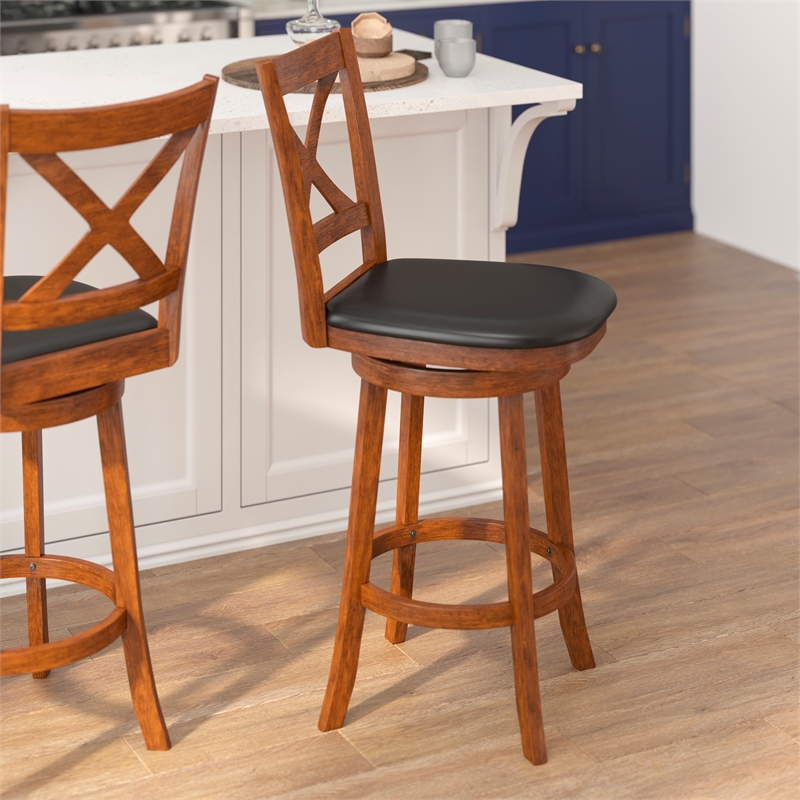 Commercial Wooden Swivel Bar Stools - Antique Oak/Black LeatherSoft