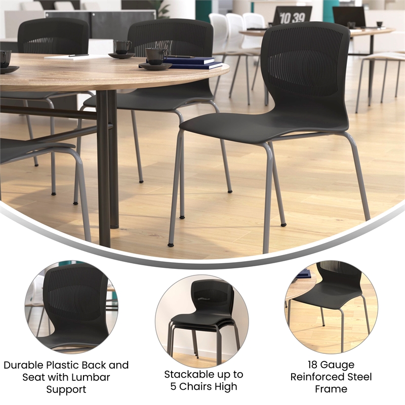 Commercial Grade 770 LB. Capacity Plastic Stack Chair with Lumbar Support-Black