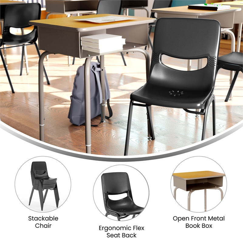 Maple/Silvr Student Desk with Open Front Metal Book Box & Blk Flex Comfort Chair