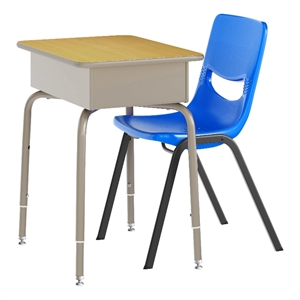 Maple/Slvr Student Desk with Open Front Metal Book Box & Navy Flex Comfort Chair