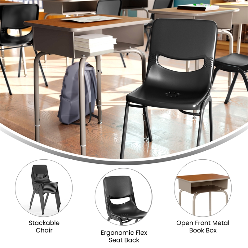 Walnut/Slvr Student Desk with Open Front Metal Book Box & Blk Flex Comfort Chair