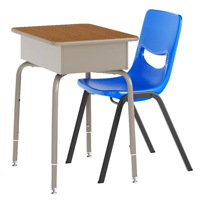 Walnut/Slvr Student Desk with Open Front Metal Book Box & Nvy Flex Comfort Chair