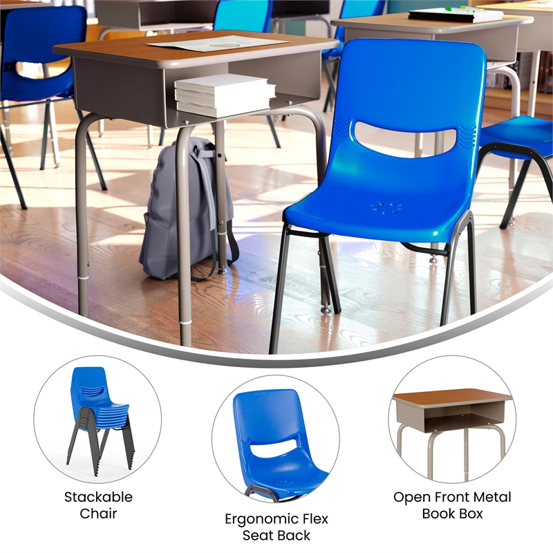 Walnut/Slvr Student Desk with Open Front Metal Book Box & Nvy Flex Comfort Chair