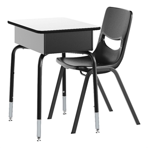 Gry/Black Student Desk with Open Front Metal Book Box & Black Flex Comfort Chair