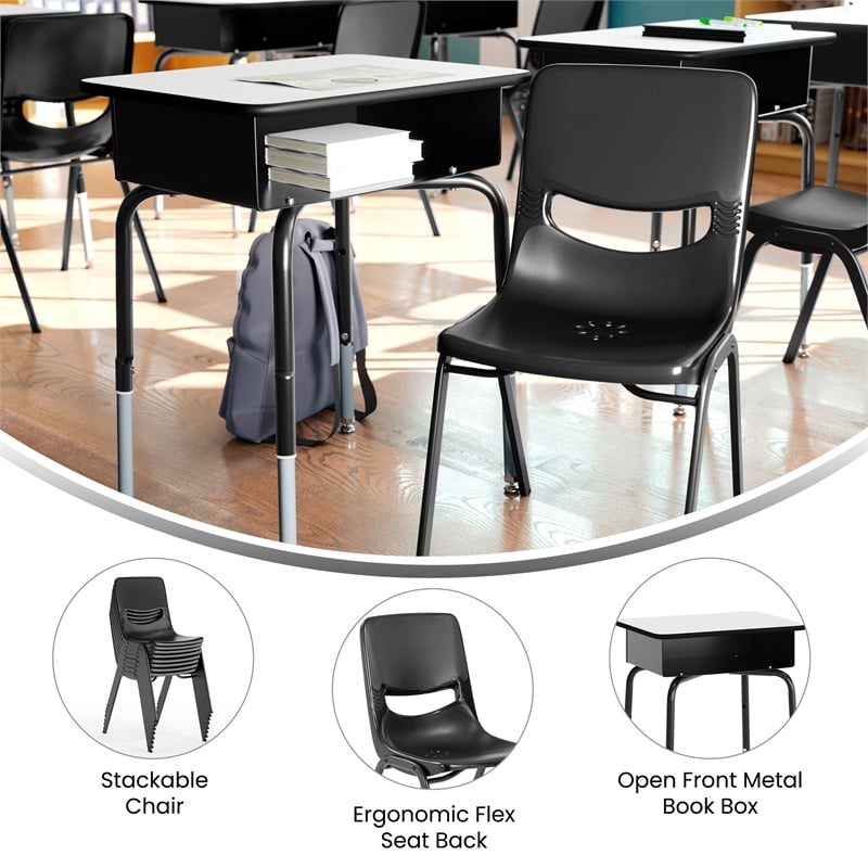 Gry/Black Student Desk with Open Front Metal Book Box & Black Flex Comfort Chair