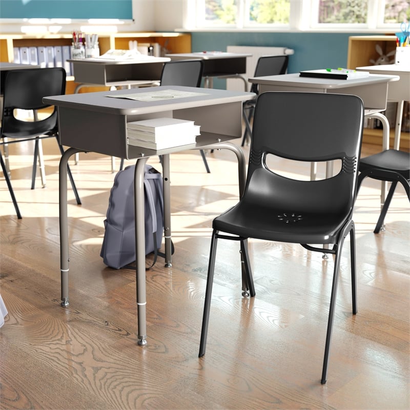 Gr Grnte/Svr Student Desk with Open Front Metal Book Box & Bk Flex Comfort Chair