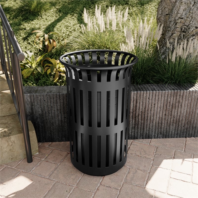 Commercial Outdoor Round Slatted Steel 37 Gallon Trash Can with Inner Bin in Blk