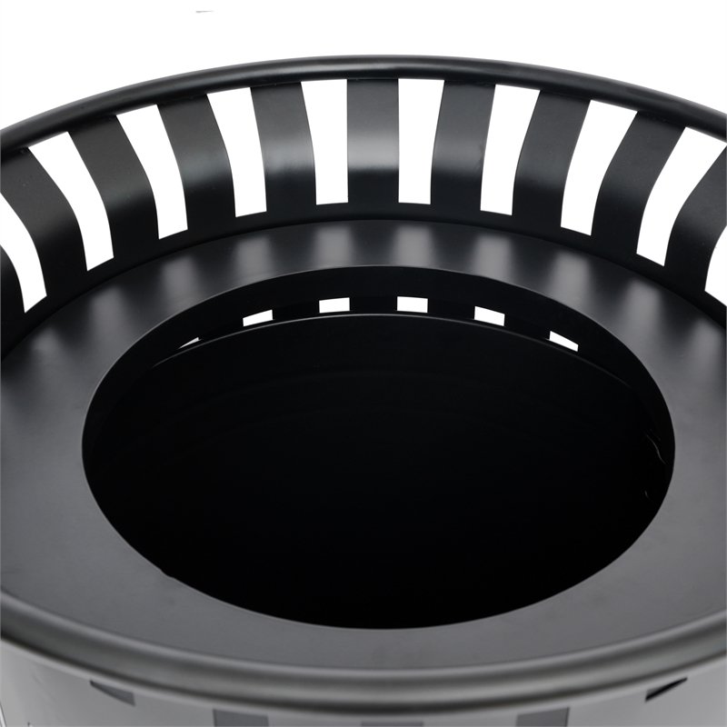 Commercial Outdoor Round Slatted Steel 37 Gallon Trash Can with Inner Bin in Blk