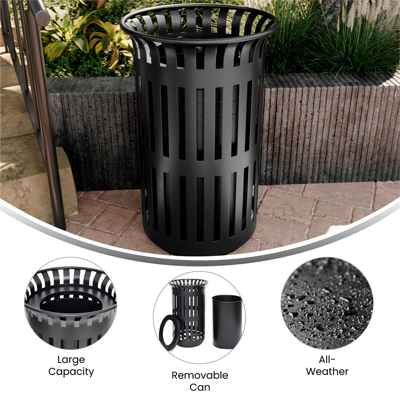 Commercial Outdoor Round Slatted Steel 37 Gallon Trash Can with Inner Bin in Blk
