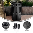 Commercial Outdoor Round Slatted Steel 37 Gallon Trash Can with Inner Bin in Blk