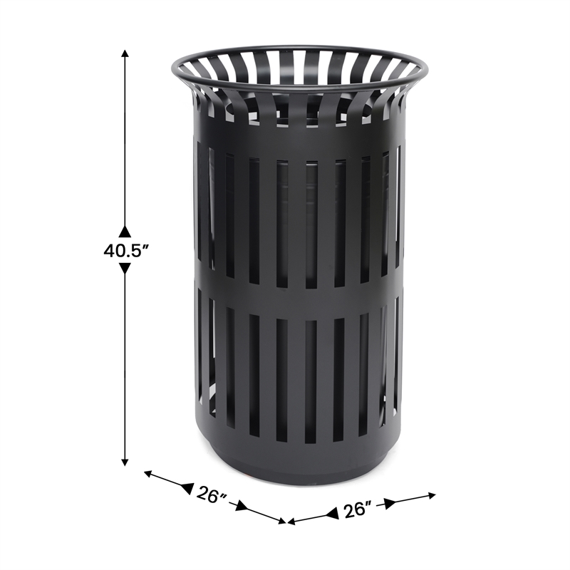 Commercial Outdoor Round Slatted Steel 37 Gallon Trash Can with Inner Bin in Blk