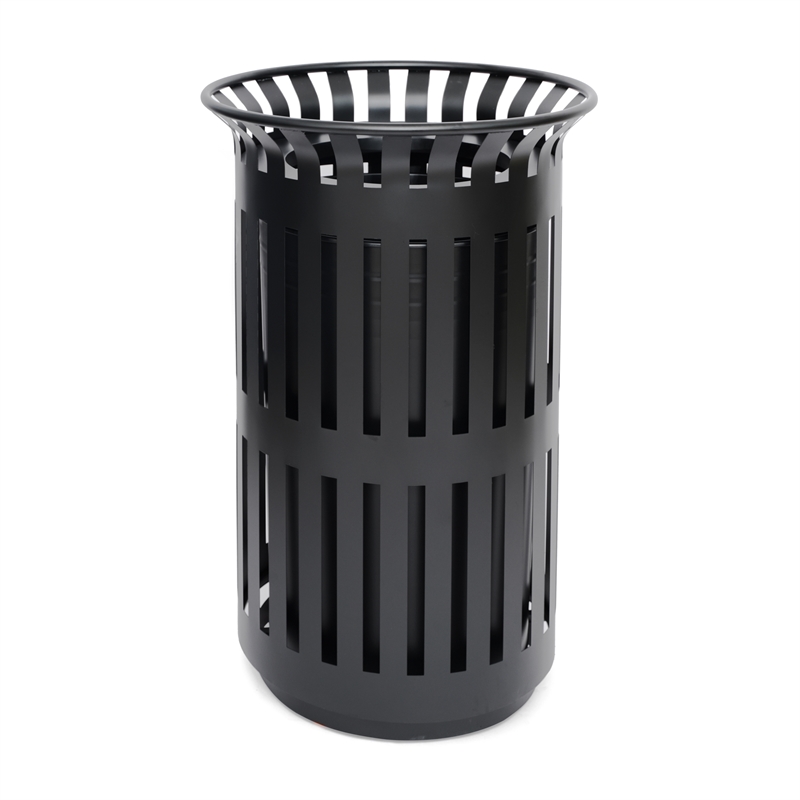 Commercial Outdoor Round Slatted Steel 37 Gallon Trash Can with Inner Bin in Blk