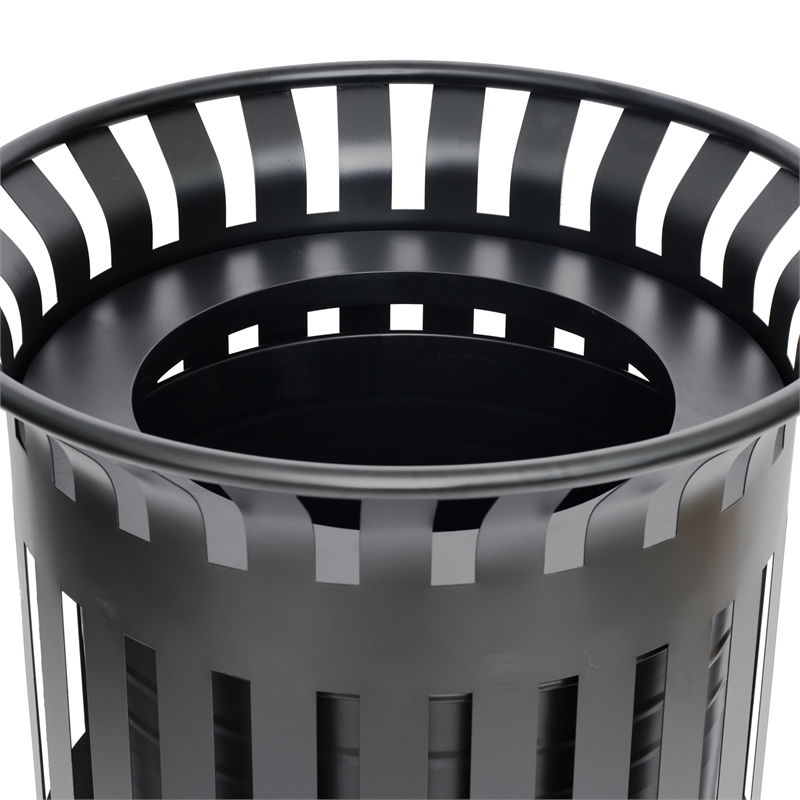 Commercial Outdoor Round Slatted Steel 37 Gallon Trash Can with Inner Bin in Blk
