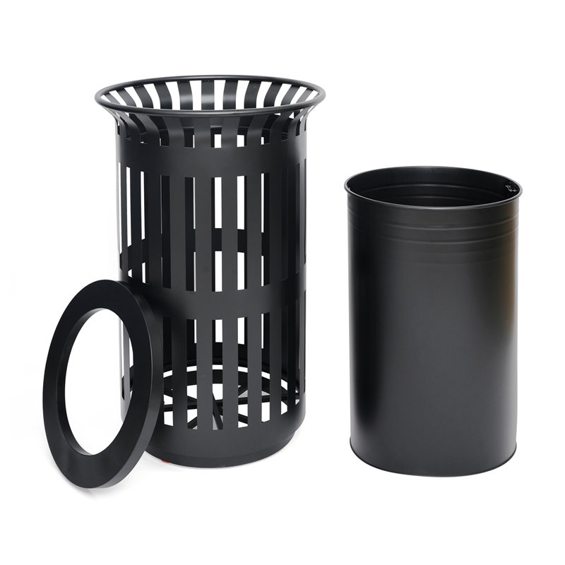 Commercial Outdoor Round Slatted Steel 37 Gallon Trash Can with Inner Bin in Blk