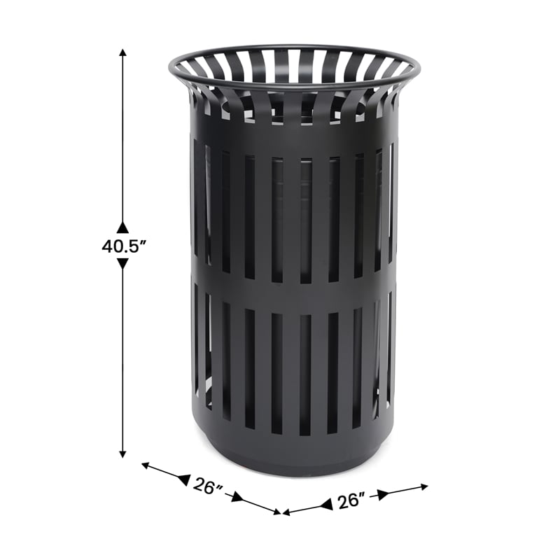 Commercial Outdoor Round Slatted Steel 37 Gallon Trash Can with Inner Bin in Blk