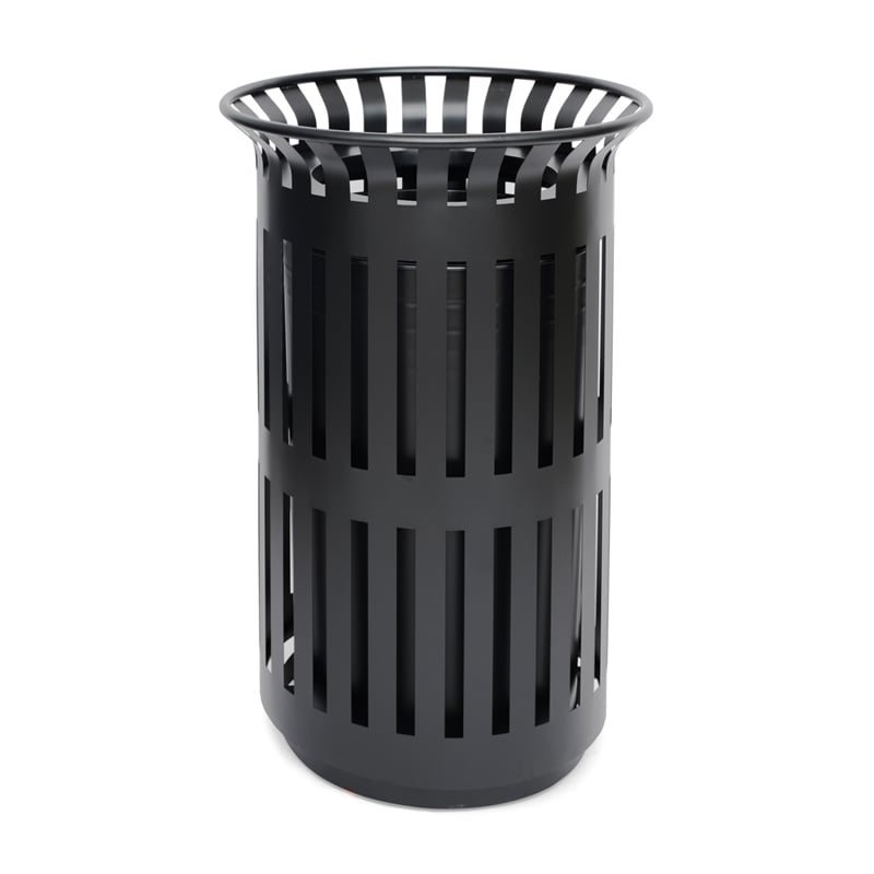 Commercial Outdoor Round Slatted Steel 37 Gallon Trash Can with Inner Bin in Blk