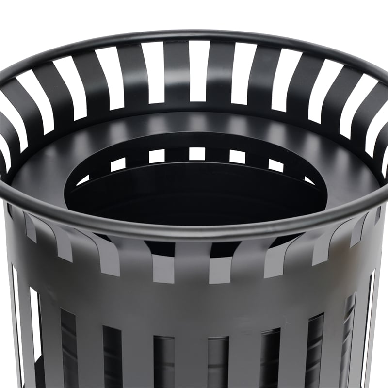 Commercial Outdoor Round Slatted Steel 37 Gallon Trash Can with Inner Bin in Blk