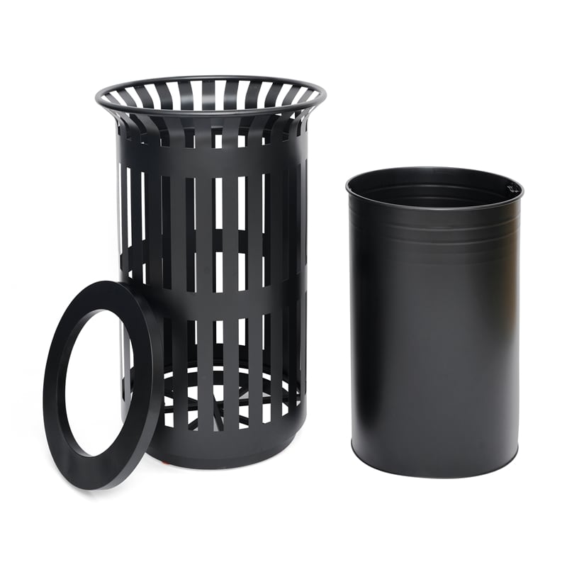 Commercial Outdoor Round Slatted Steel 37 Gallon Trash Can with Inner Bin in Blk