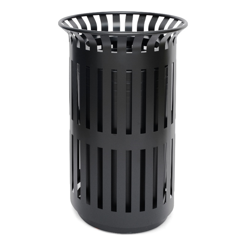 Commercial Outdoor Round Slatted Steel 37 Gallon Trash Can with Inner Bin in Blk