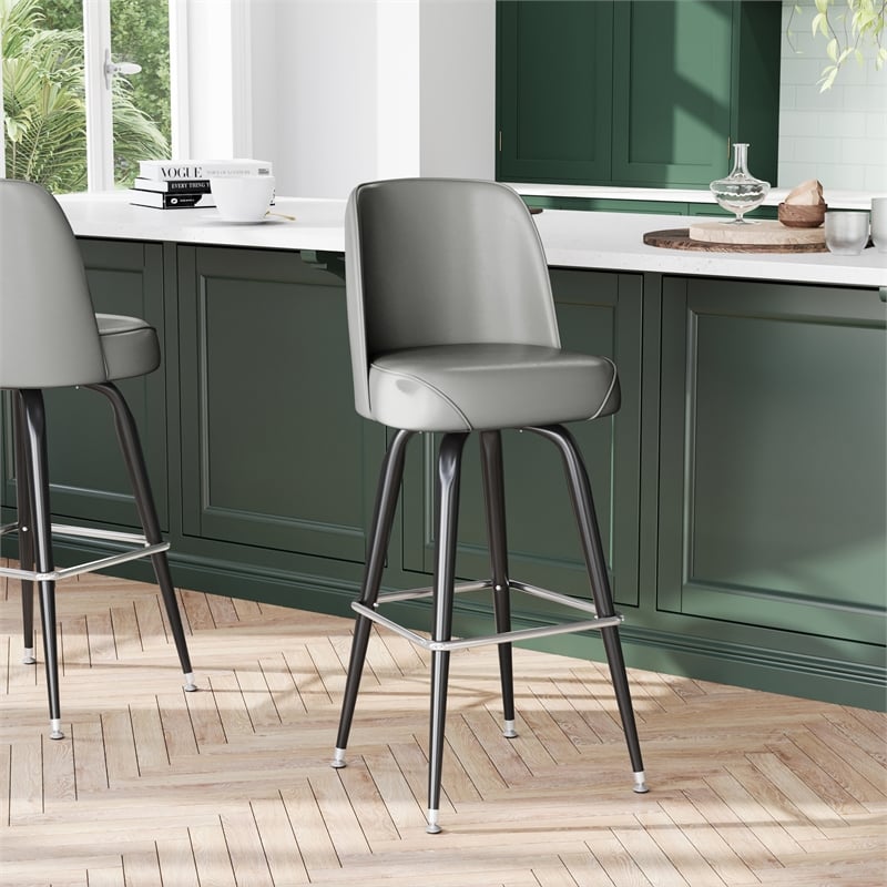 Metal Bar Stool with Swivel Vinyl Bucket Seat and Footrest in Gray