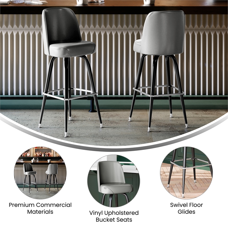 Metal Bar Stool with Swivel Vinyl Bucket Seat and Footrest in Gray