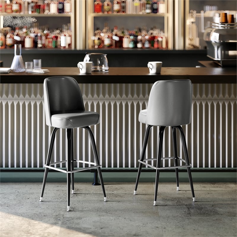 Metal Bar Stool with Swivel Vinyl Bucket Seat and Footrest in Gray