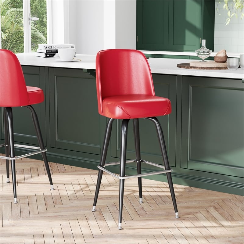 Metal Bar Stool with Swivel Vinyl Bucket Seat and Footrest in Red