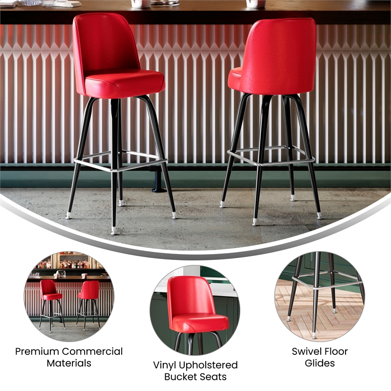 Metal Bar Stool with Swivel Vinyl Bucket Seat and Footrest in Red