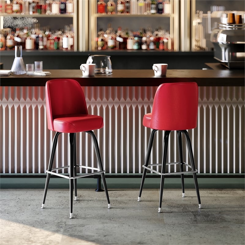 Metal Bar Stool with Swivel Vinyl Bucket Seat and Footrest in Red