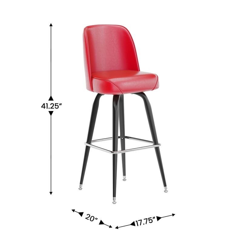 Metal Bar Stool with Swivel Vinyl Bucket Seat and Footrest in Red