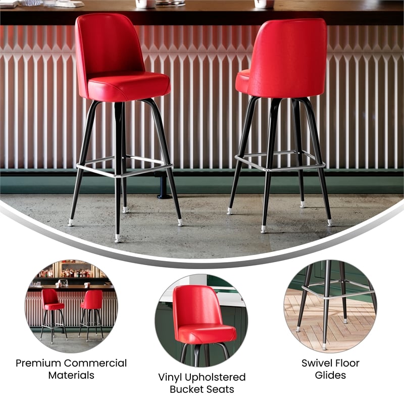 Metal Bar Stool with Swivel Vinyl Bucket Seat and Footrest in Red