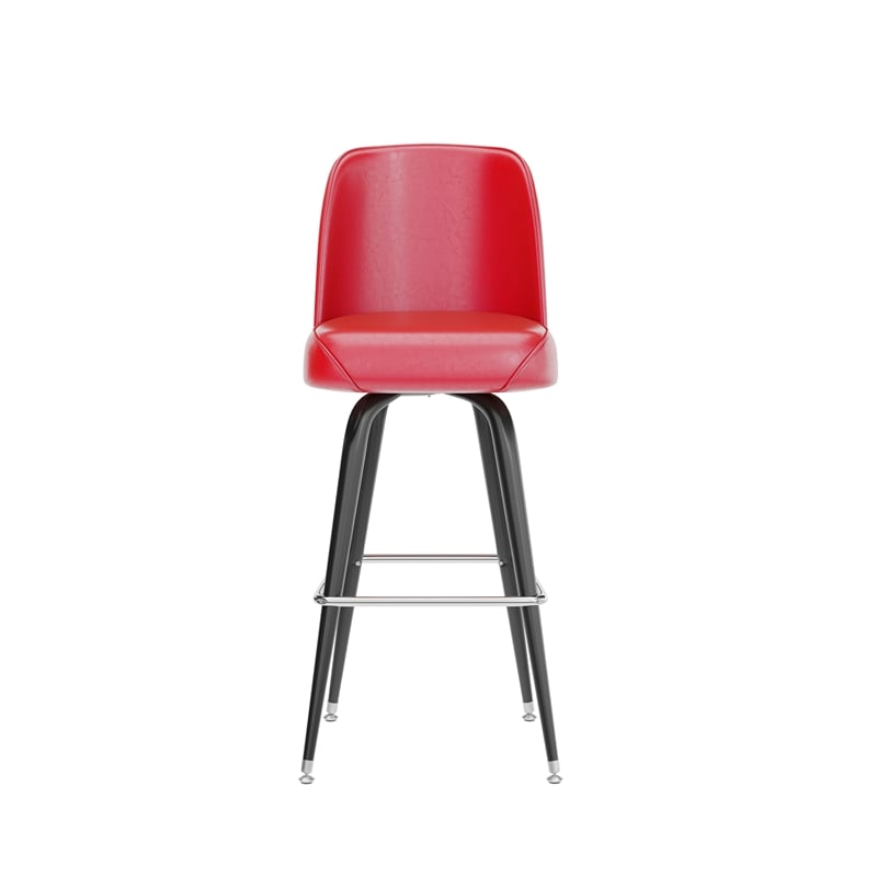 Metal Bar Stool with Swivel Vinyl Bucket Seat and Footrest in Red