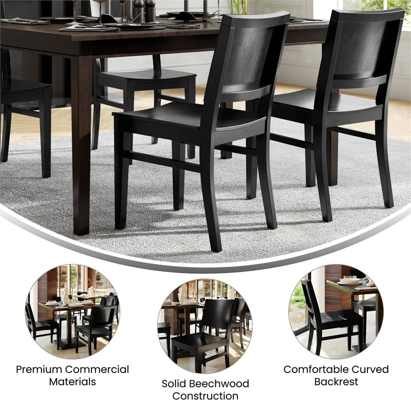 2 Pack Commercial Solid Wood Dining Chair with Curved Backrest in Black