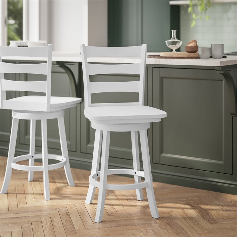 Commercial Wooden Swivel Counter Height Stool in Antique White Wash