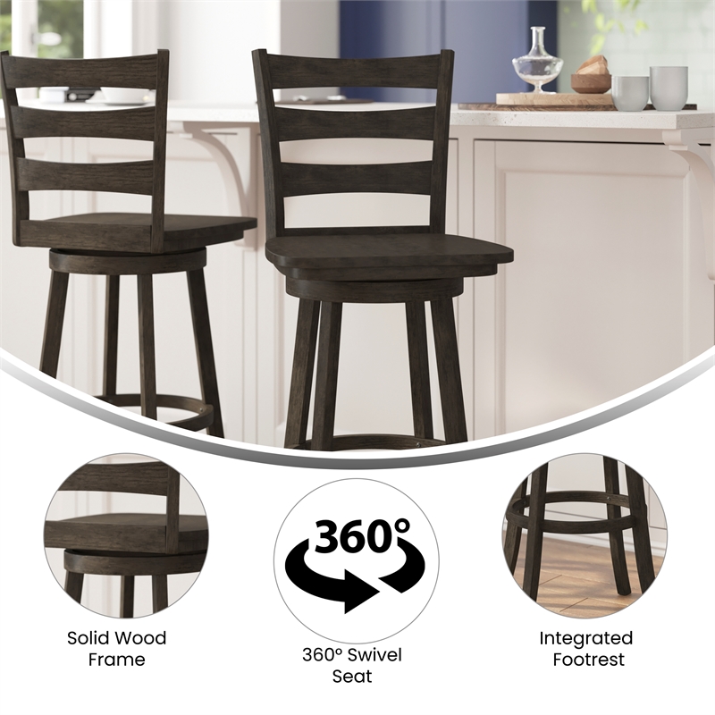 Flash Furniture Commercial Wooden Swivel Bar Height Stool in Gray Wash Walnut
