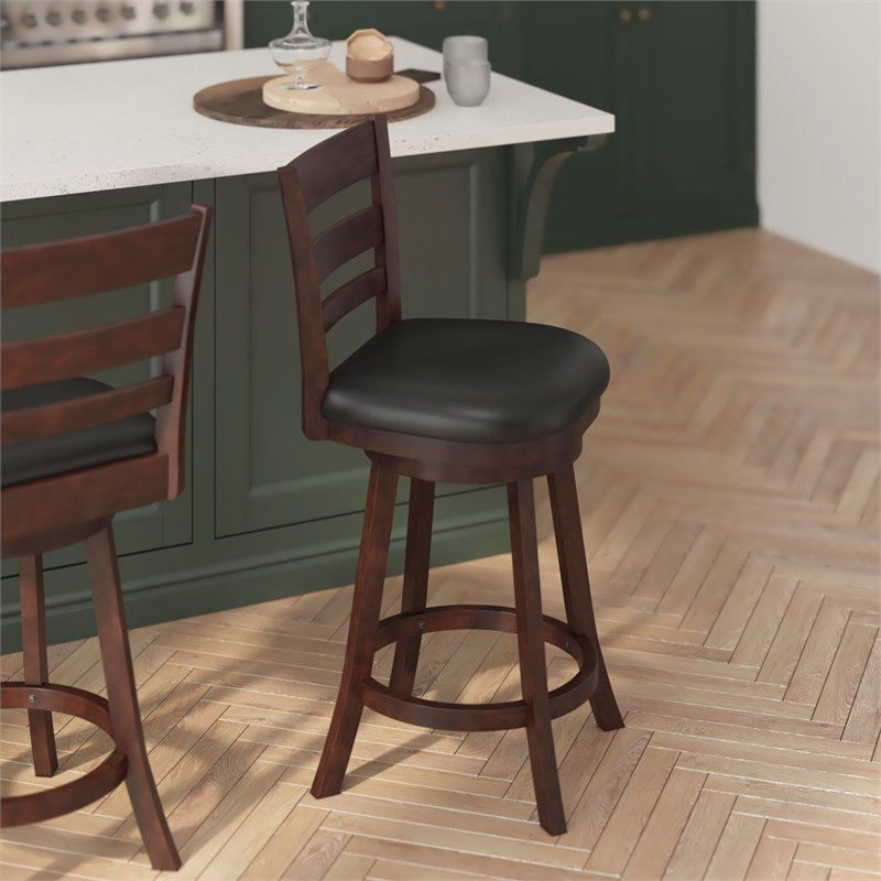 Commercial Wooden Swivel Counter Stools - Espresso/Black LeatherSoft