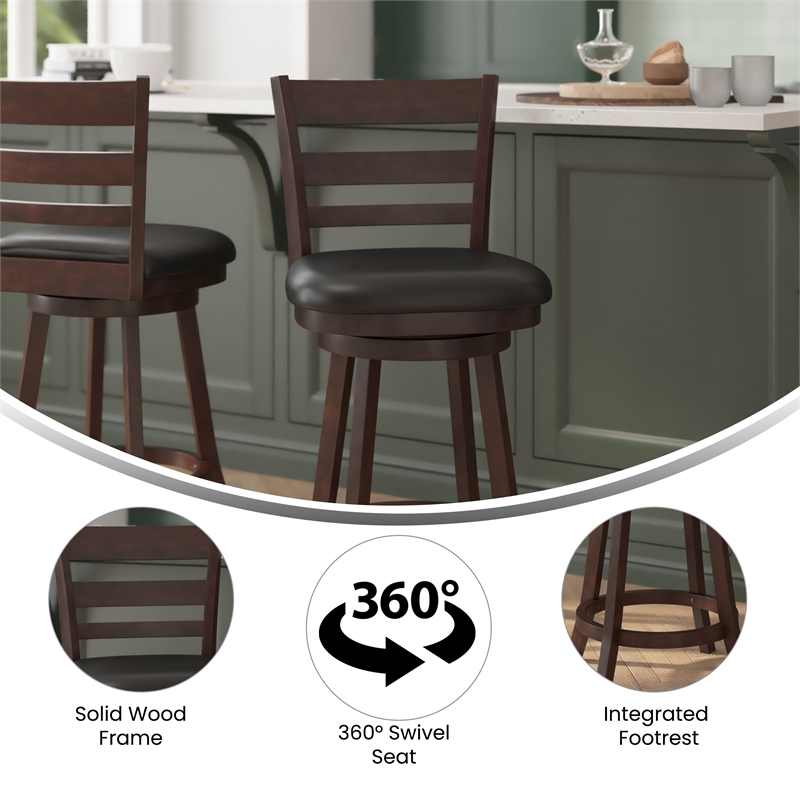 Commercial Wooden Swivel Counter Stools - Espresso/Black LeatherSoft