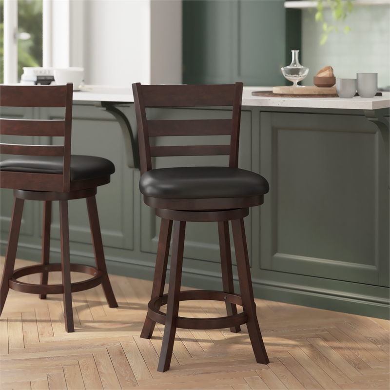 Commercial Wooden Swivel Counter Stools - Espresso/Black LeatherSoft