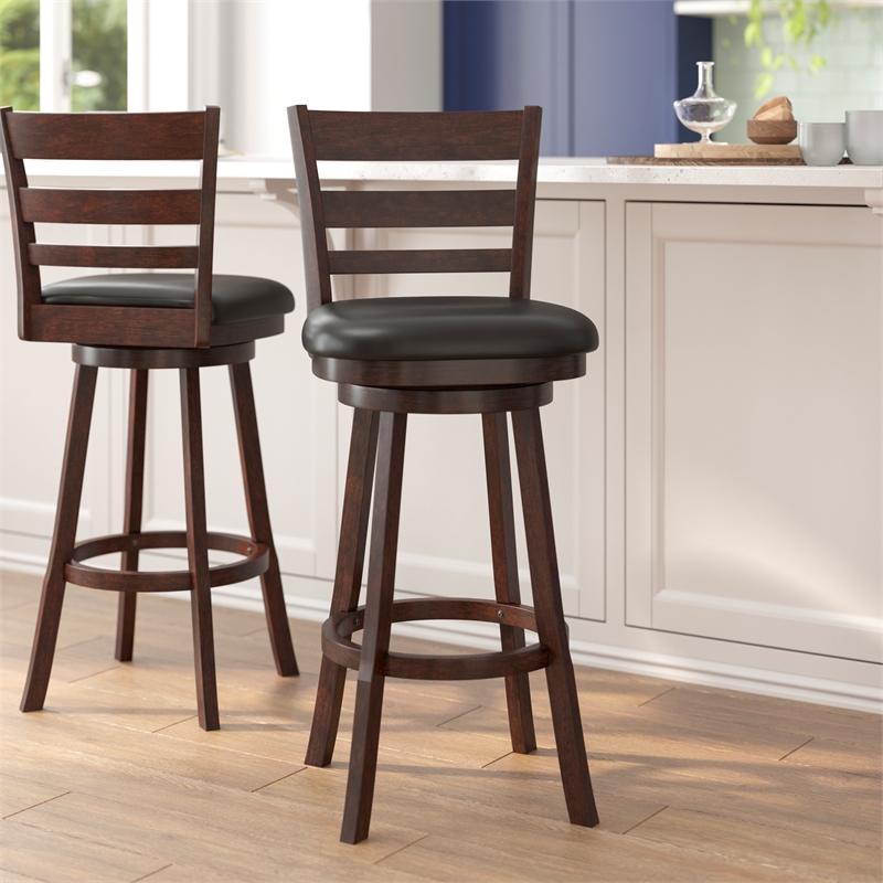 Commercial Wooden Swivel Bar Stools - Espresso/Black LeatherSoft