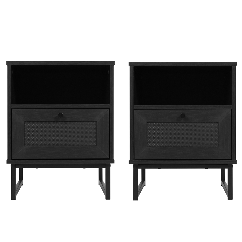 Set of 2 Mid-Century Modern Side Tables with Drawer and Shelf - Black