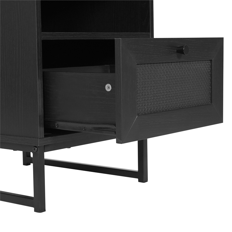 Set of 2 Mid-Century Modern Side Tables with Drawer and Shelf - Black