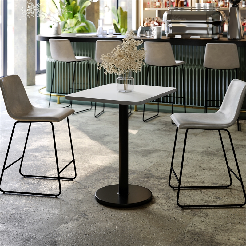 Commercial White Rectangular Dining Table Top with Black Round Base 24