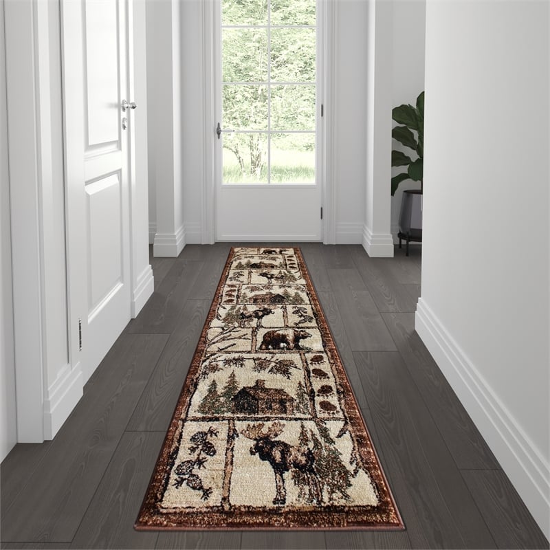 Wildlife Themed Plush Indoor Area Rug in Shades of Brown - 2' x 7'