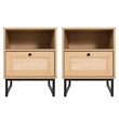 Set of 2 Mid-Century Modern Side Tables with Drawer and Shelf - Natural