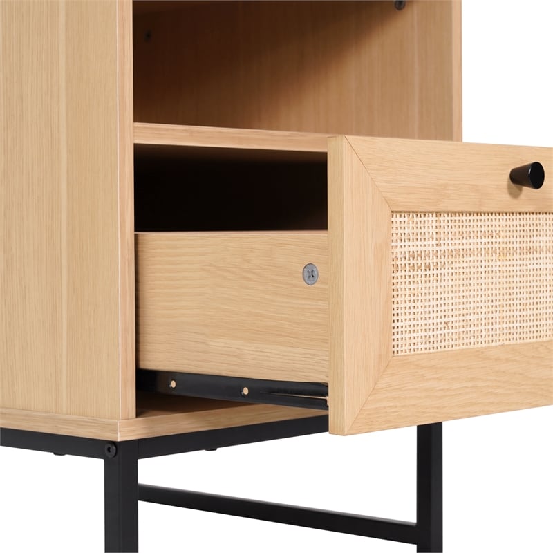 Set of 2 Mid-Century Modern Side Tables with Drawer and Shelf - Natural