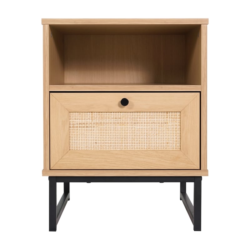 Set of 2 Mid-Century Modern Side Tables with Drawer and Shelf - Natural