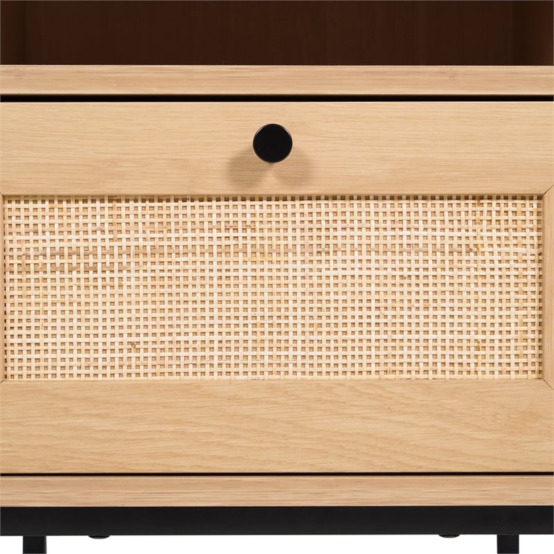 Set of 2 Mid-Century Modern Side Tables with Drawer and Shelf - Natural